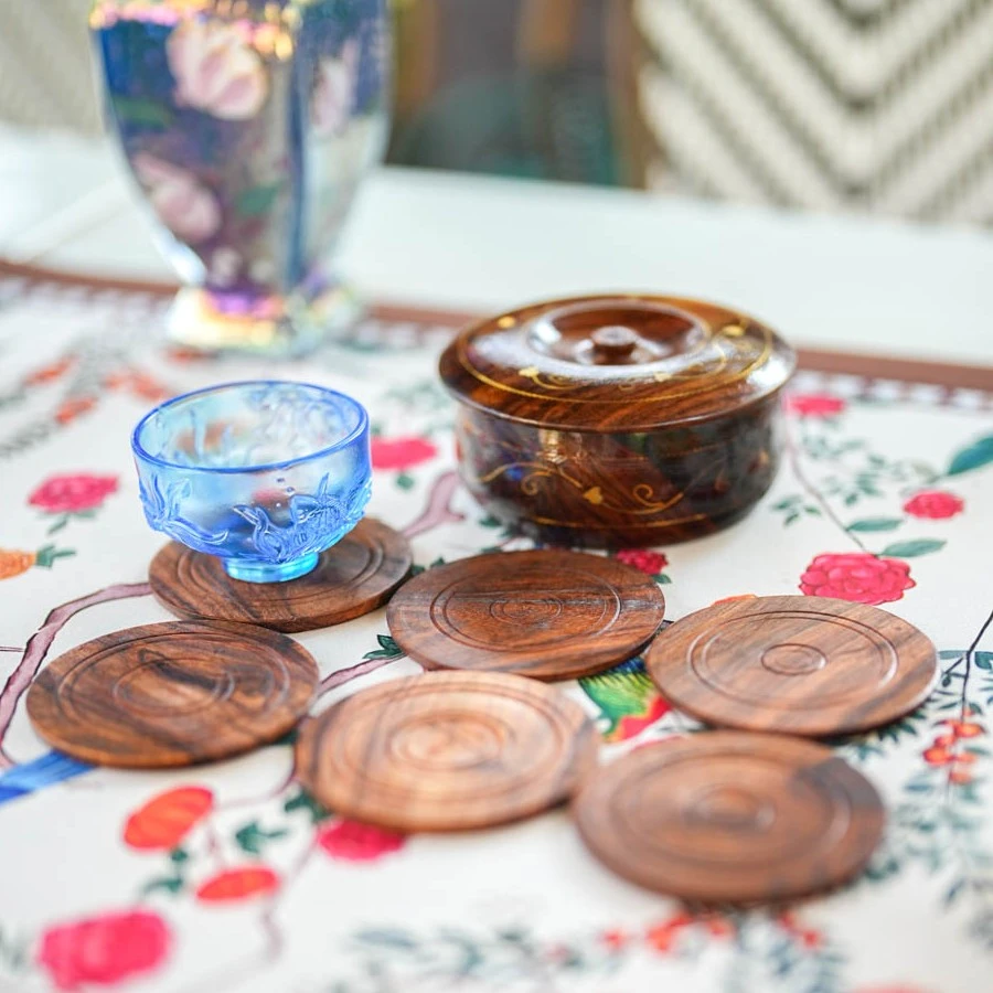 【奇居稷飞】阔叶黄檀纯手工镶铜杯垫套装防烫防水垫#PWCO001-5B