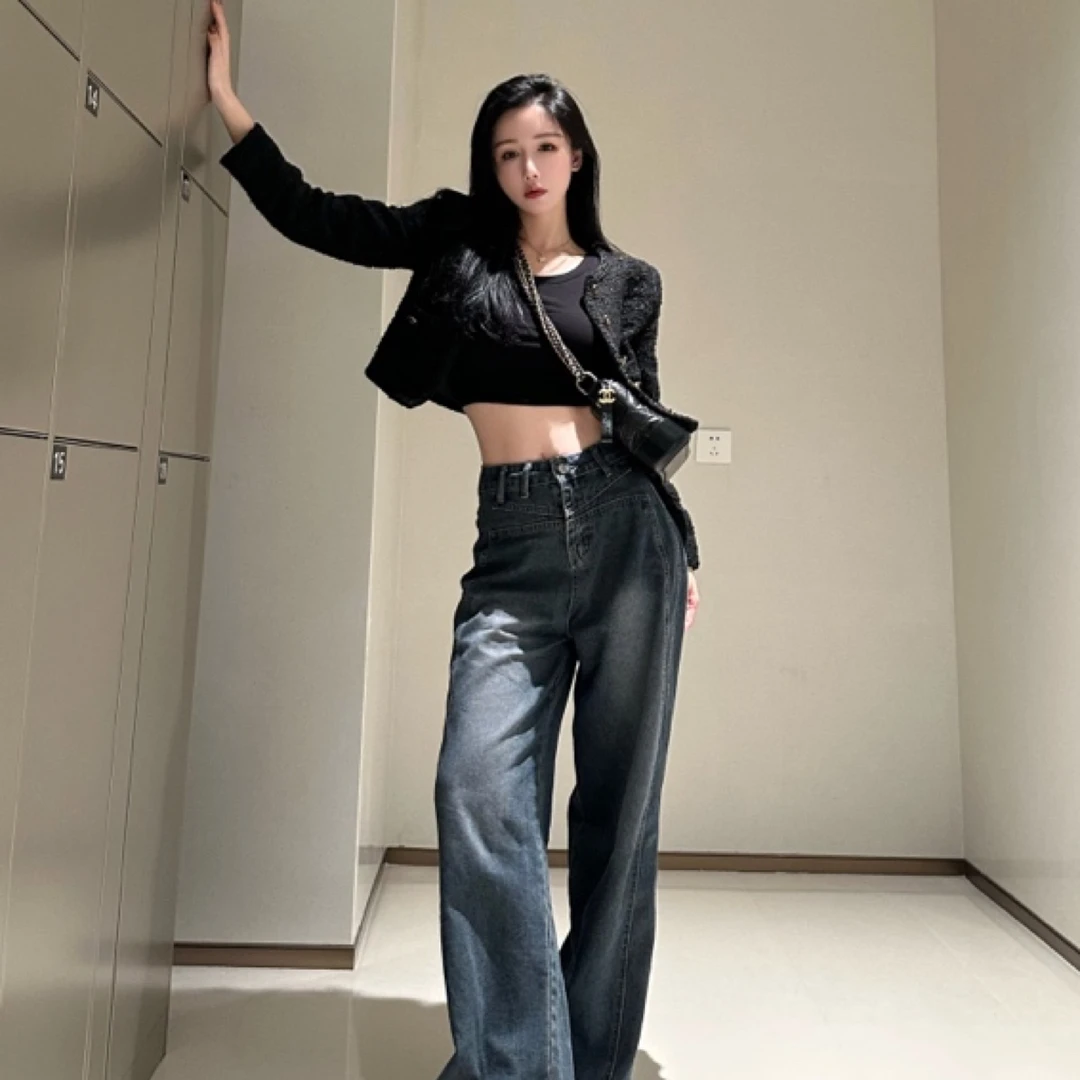 美式高街复古做旧阔腿牛仔裤女秋季2023新款中高腰时髦显瘦拖地裤