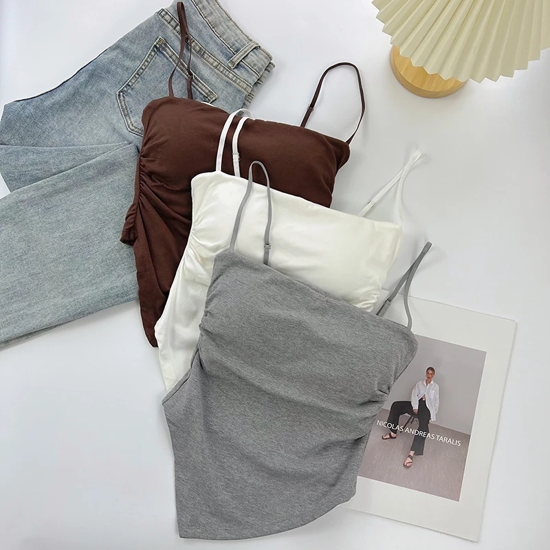 法式带胸垫吊带背心女夏季内搭外穿褶皱细肩带一字肩抹胸甜辣上衣