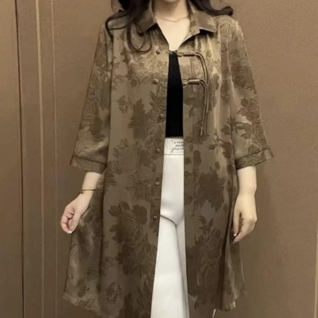 妈妈春夏时尚新款中老年宽松上衣遮肉衬衫新中式洋气开衫大码外套