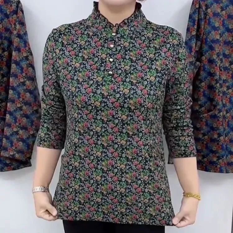 2025秋冬新款木耳边圆领经典印花气质百搭休闲宽松大码中老年女装