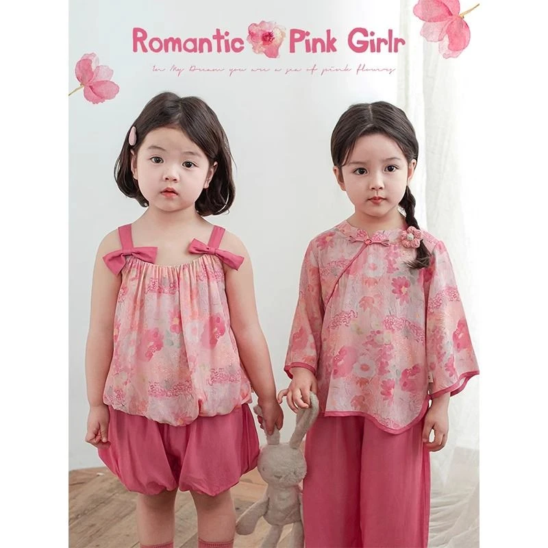 女童春夏季套装粉色碎花无袖花苞七分袖直筒裤两件套复古薄款组合