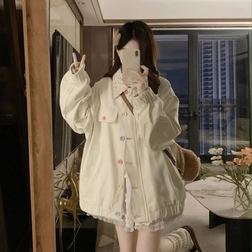 新款苏沫蓝樱碎花翻领牛仔外套女2024秋季ins彩色扣宽松百搭短款