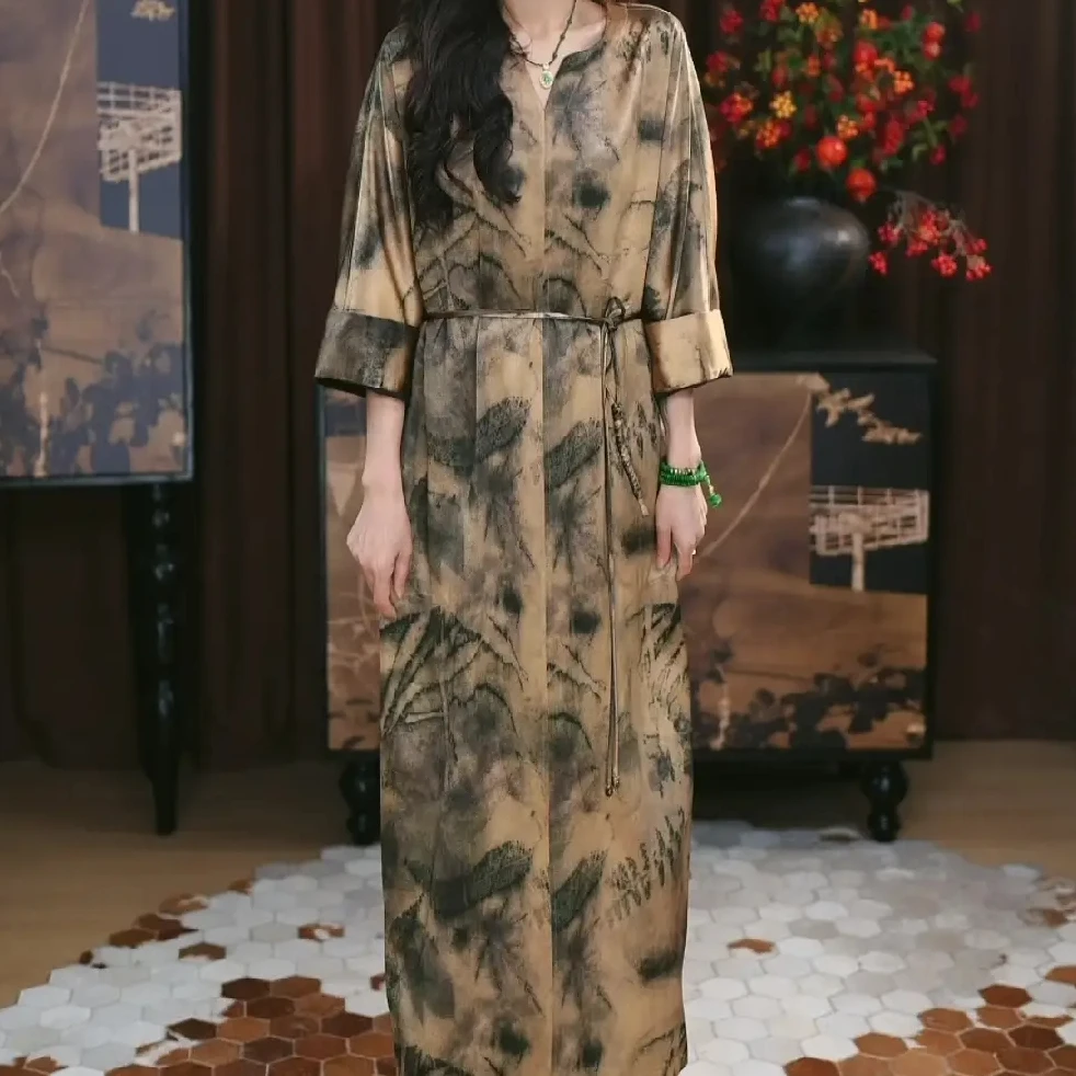 【书乐】香云纱长款重磅时尚春夏提花遮肉印花复古长裙连衣裙新中式