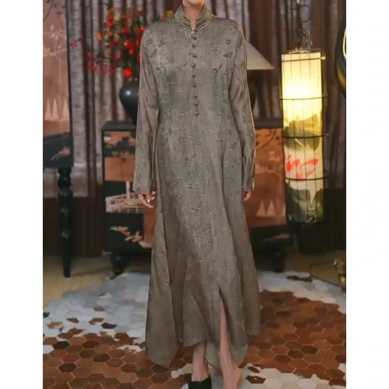 【遥裳】脏染新中式复古显瘦春秋宽松女士国风腔调时尚长款连衣裙