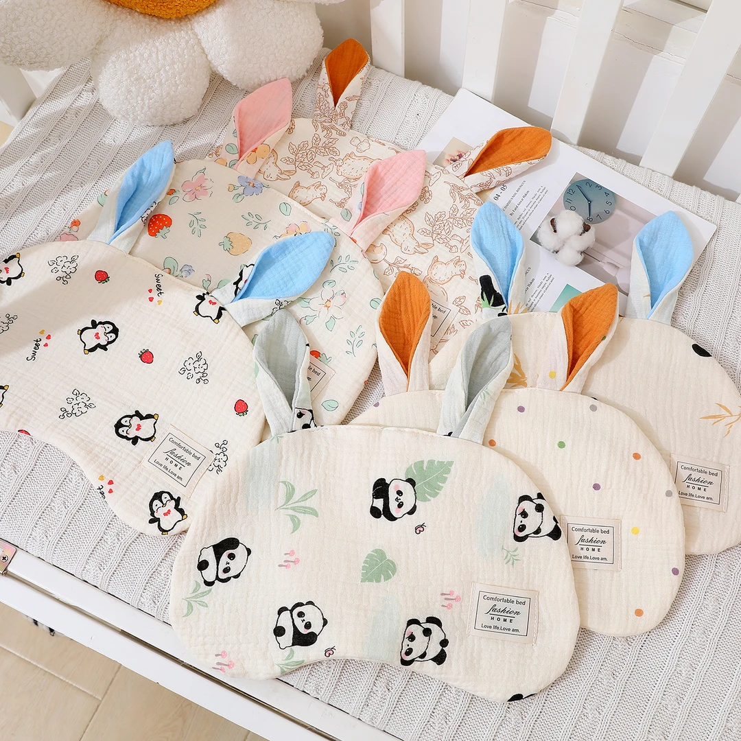 新品吸汗长耳云片枕新生儿纯棉花绉布长耳朵平枕婴幼儿夹棉花枕头