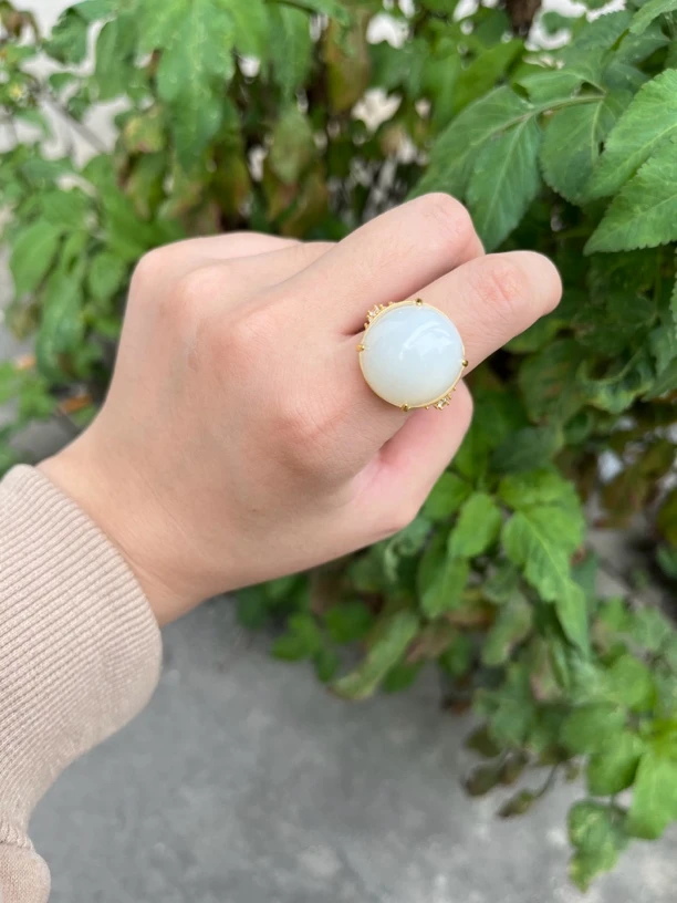 【元举甄选】纯天然和田玉俄料白玉鸽子蛋戒指圈口可调节