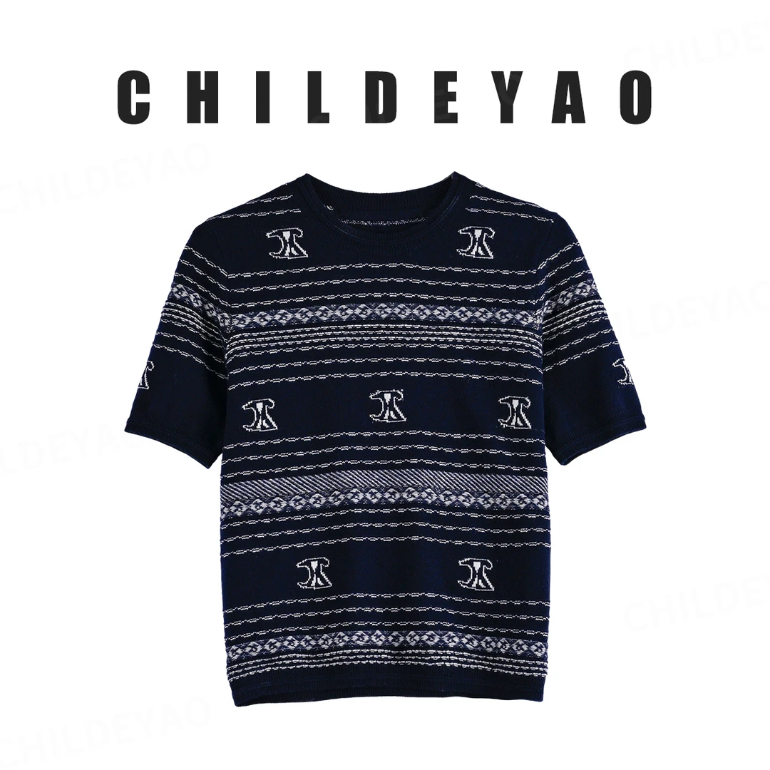 Childe Yao100%绵羊毛条纹提图案短袖针织衫A4027