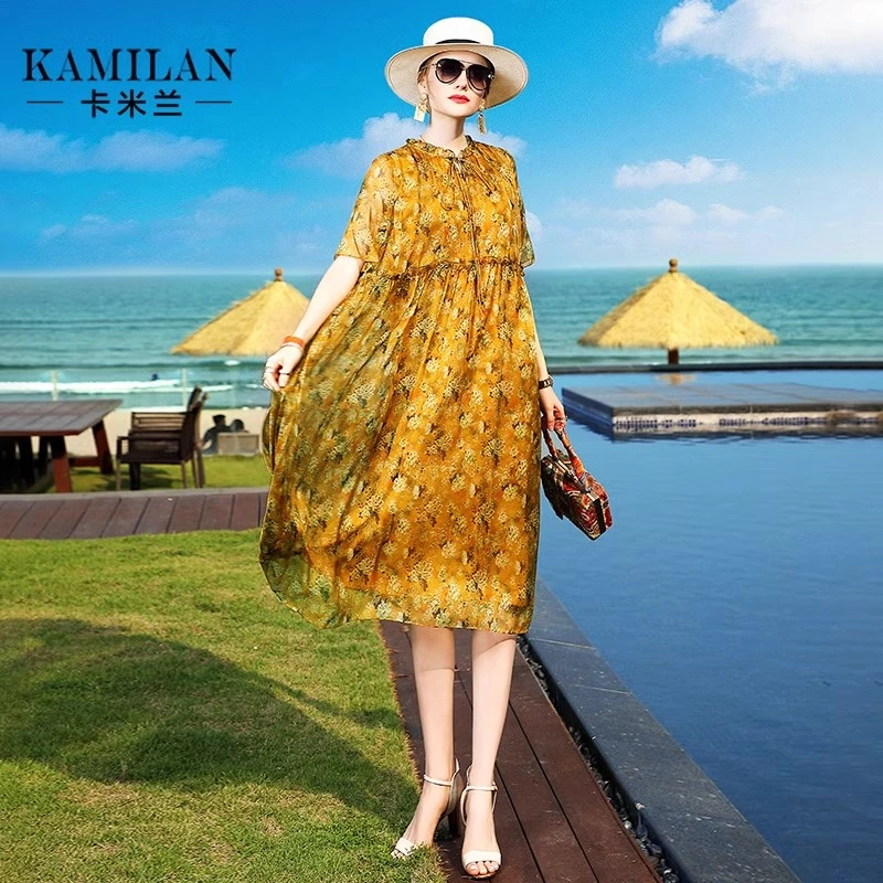 卡米兰真丝连衣裙女2024新款夏装度假裙子桑蚕丝印花五分袖中长裙