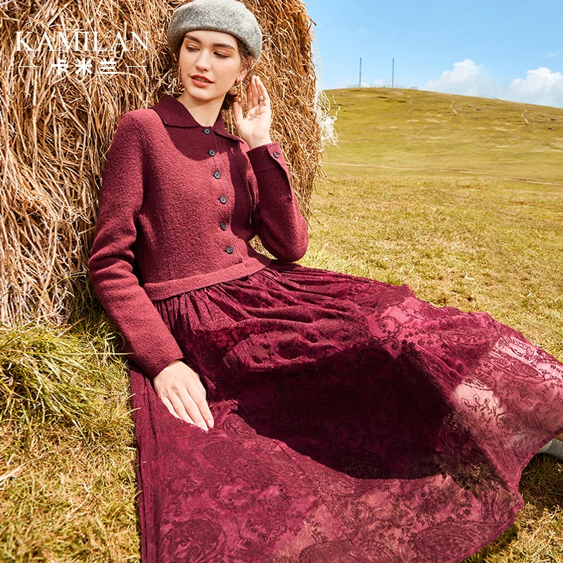 卡米兰气质复古长袖羊毛拼接连衣裙女2023秋新款中长款高腰A字裙