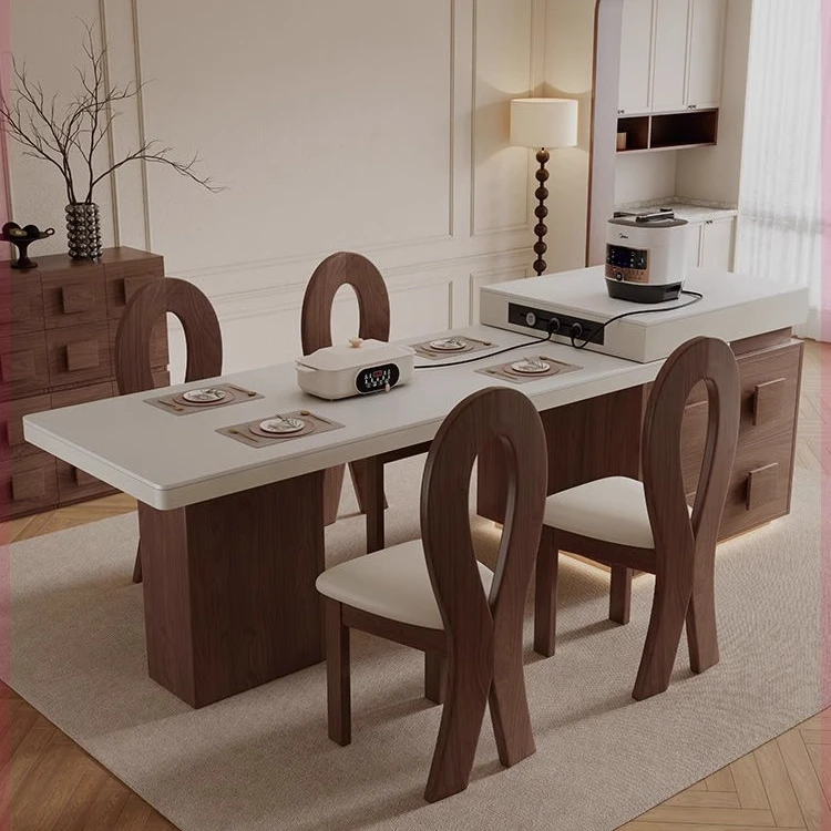 中古风岩板中岛台餐桌一体可伸缩家用客厅实木多功能储物法式岛台