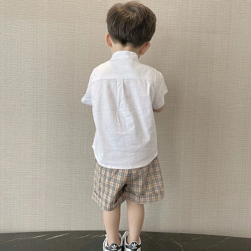 新款1-3-6夏季男童短袖套装婴幼小童短T恤衬衣格子小熊卡通礼服装