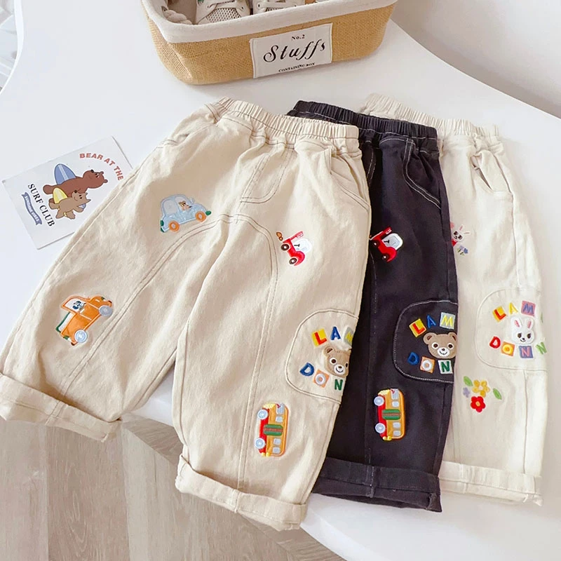 新款中小男童长裤子新款女童长裤梭织休闲宽松卡通动物刺绣长裤