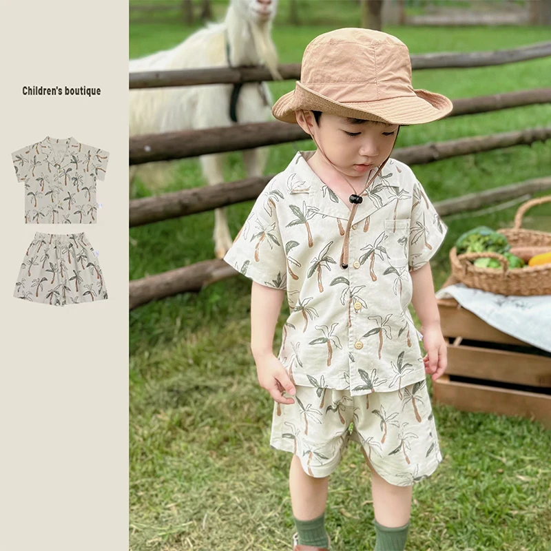 新款【海洋假日】休闲度假风椰树套装短袖两件套夏季婴幼童男女宝