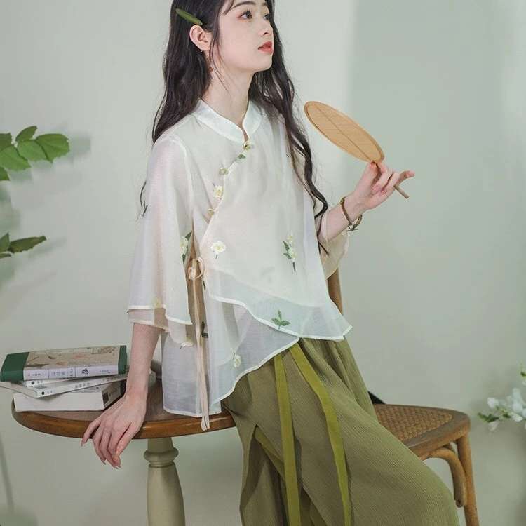 夏季民族风套装茶服复古大码新中式改良汉服旗袍上衣阔腿裤两件套