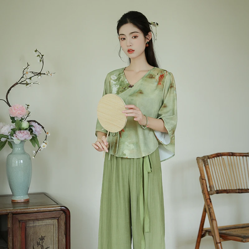 禅意新中式国风套装五分袖改良旗袍上衣纯色坠感阔腿裤两件套女夏