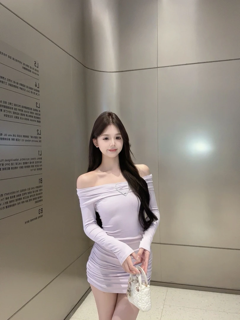 【CUTE 专属】法式气质一字肩抽褶连衣裙淡紫色长袖显白修身包臀裙