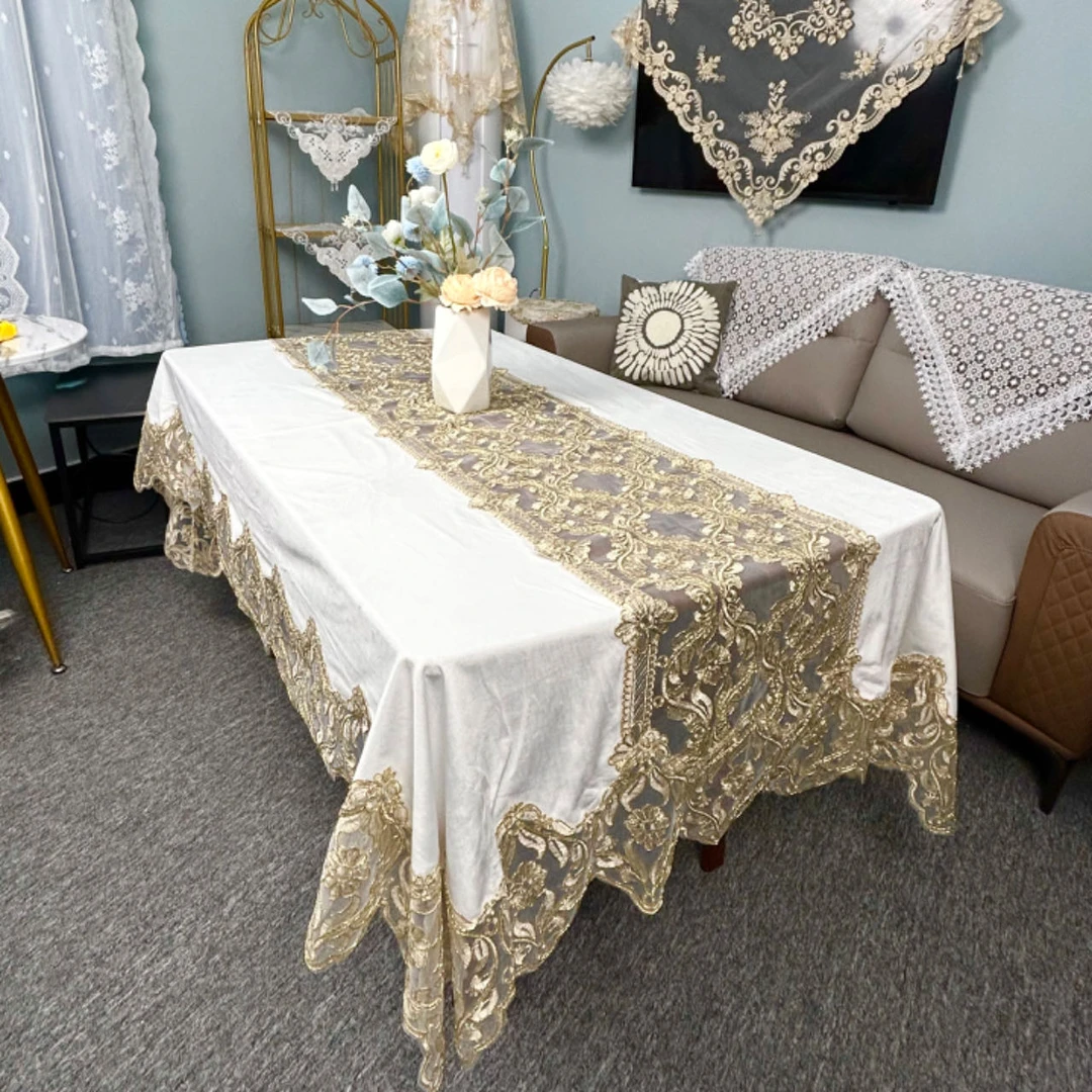 A-01【150*220CM】白色绒布桌布长方形桌布家用简约欧式防滑金丝绒