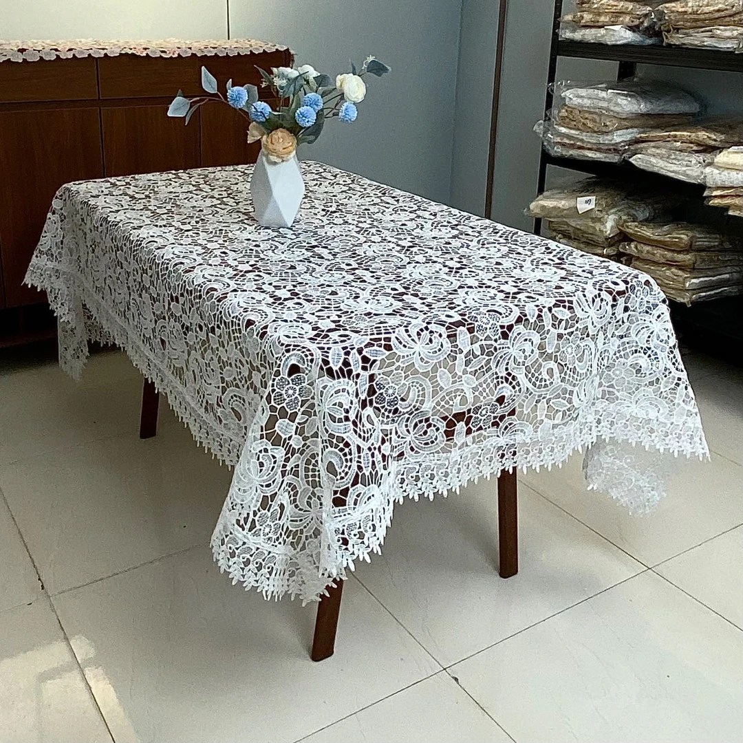 B-44白色(150*220)镂空家用丝光线水溶花边防尘盖巾桌布茶几布