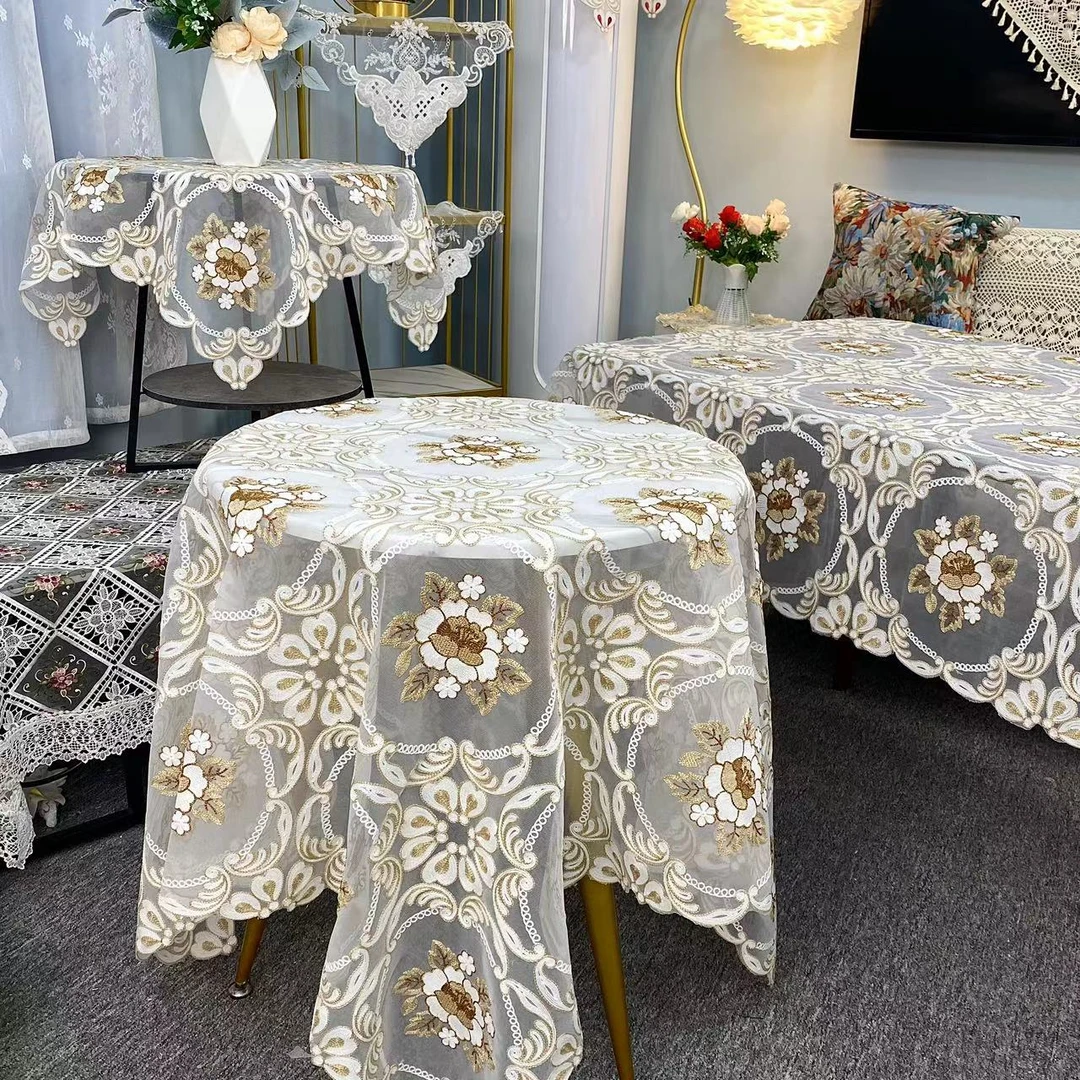 E-01【130*130CM】金色牡丹毛巾绣玻璃纱刺绣盖巾