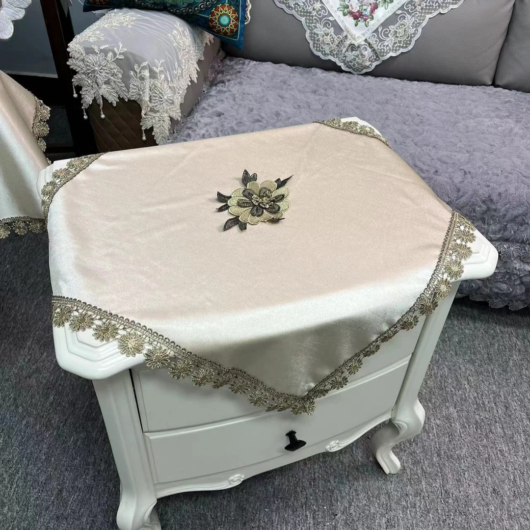 E-57【60/60CM】简约轻奢香槟色冰丝缎面金丝绒刺绣台布电视机盖巾