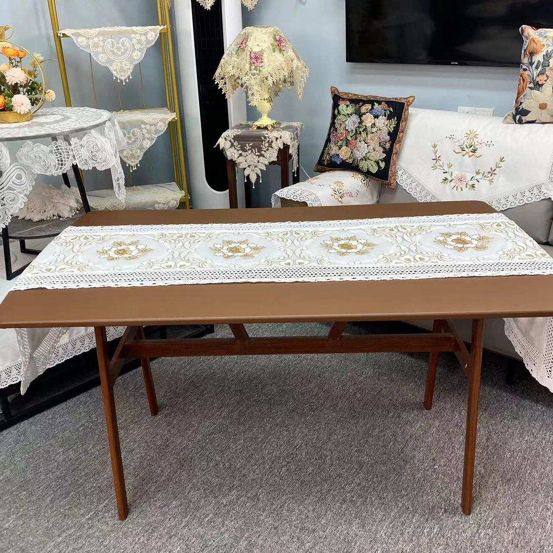 E-32【45*220CM】白色金牡丹刺绣老棉线桌旗盖巾简约防尘盖布欧式