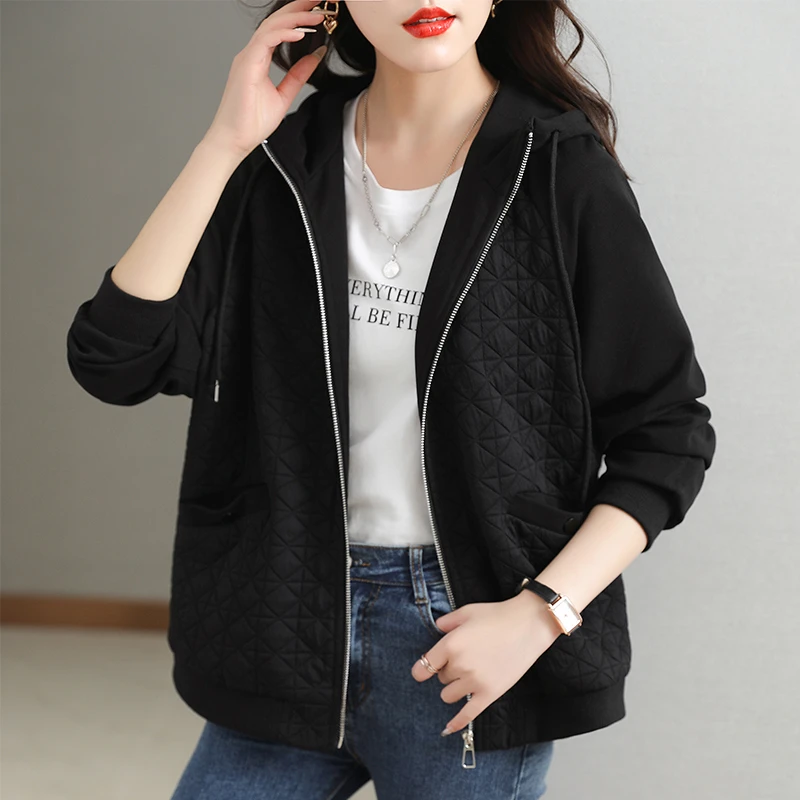 拼色春季休闲连帽外套女宽松百搭大码减龄长袖时尚洋气妈妈装上衣