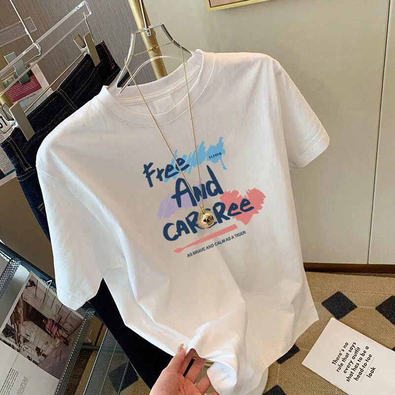 纯棉短袖t恤女2024新款夏季宽松上衣印花显瘦百搭大码洋气时尚潮