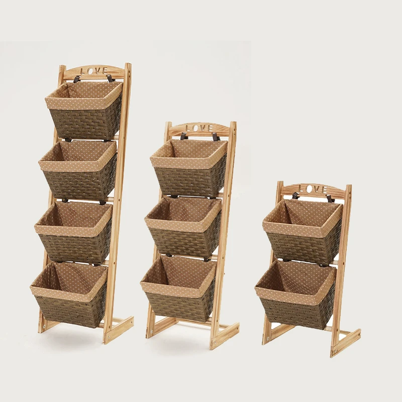 木质提篮收纳筐书架落地床头置物架杂物架多层收纳架脏衣收纳筐