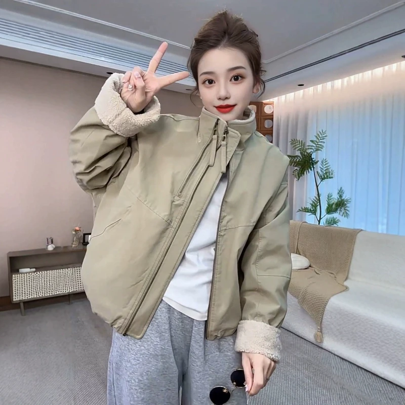 2025高级感冬季新款双拉链毛毛棉衣冲锋衣女装休闲加厚棉服外套