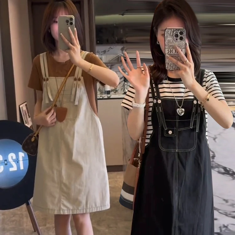 爆款减龄拼接条纹假两件连衣裙女2025夏季新款遮肉宽松减龄背带裙