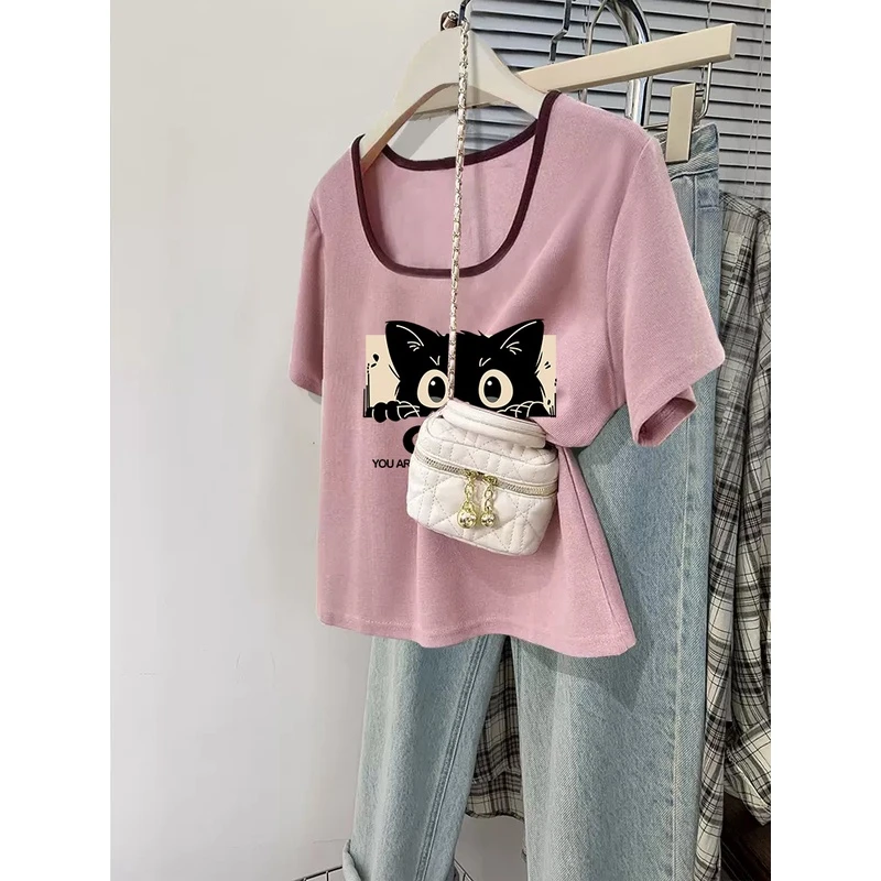 正肩短袖t恤女韩版港味chic方领设计感ins潮牌夏季设计感小众上衣