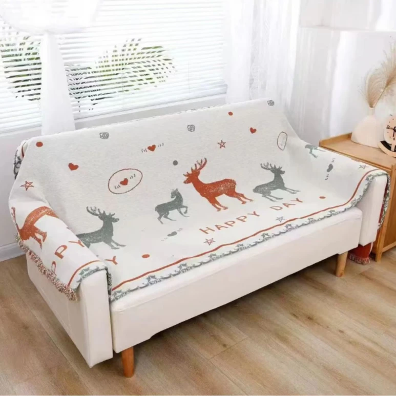 雪尼尔沙发巾--麋鹿流苏90*200