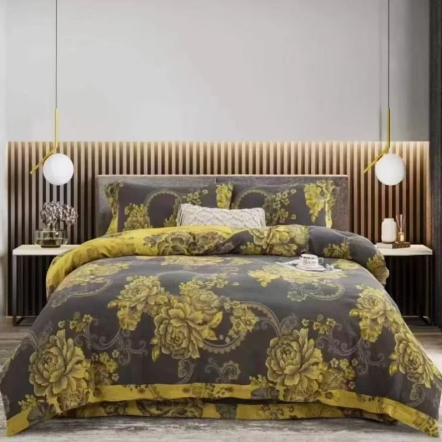 纯棉色织双层纱四件套--黑金牡丹（标准）