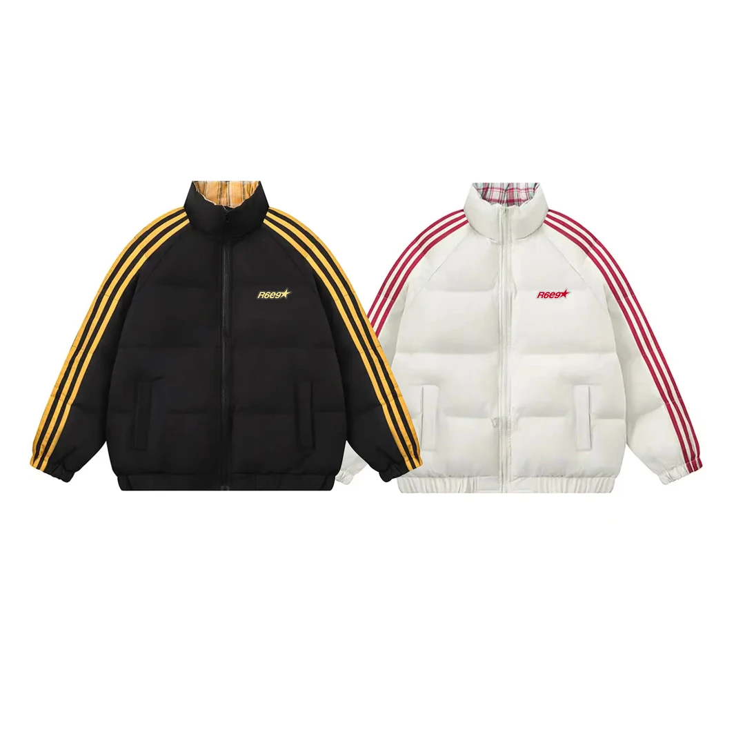 ROSE秋冬季百搭宽松休闲条纹拼接衬衫布字母刺绣立领加厚棉服男女