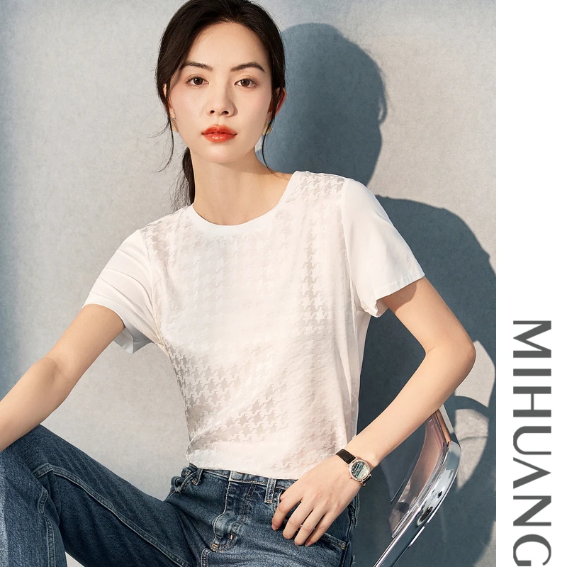 MIHUANG/米皇真丝桑蚕丝凉感千鸟格时尚双拼圆领短袖女T恤535381