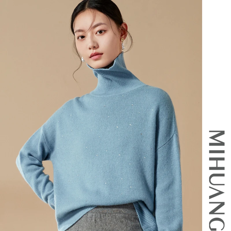 MIHUANG/米皇100%纯山羊绒高领五针烫钻羊绒女衫秋冬慵懒风522141