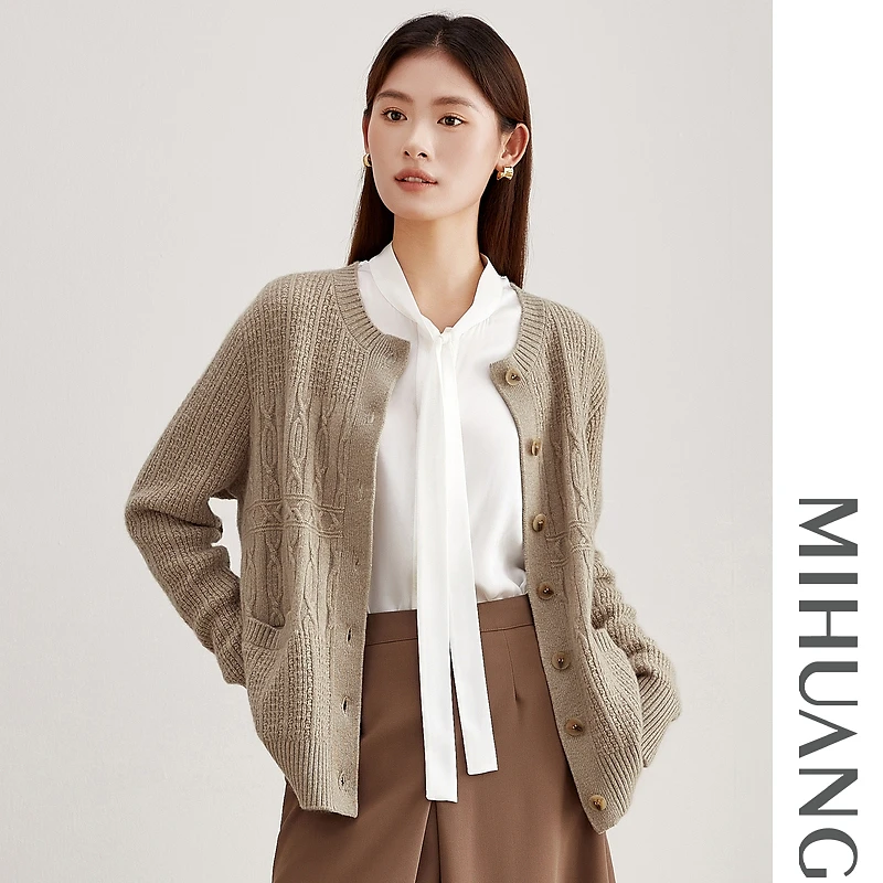 MIHUANG/米皇100山羊绒圆领厚款提花女开衫542512