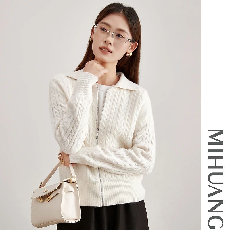 MIHUANG/米皇100山羊绒翻领拉链加厚款提花女开衫542509