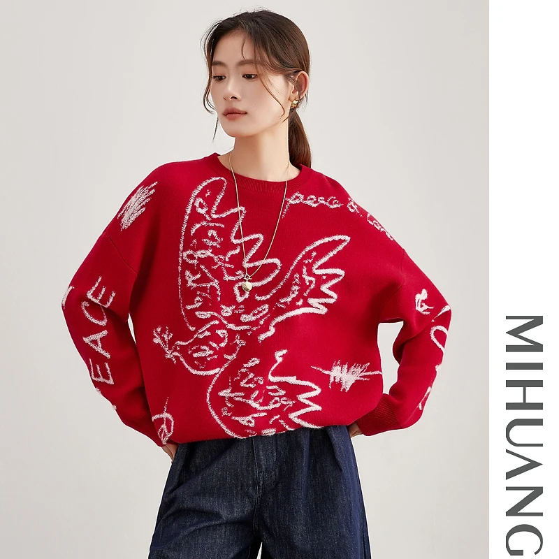 MIHUANG/米皇年货红100山羊绒圆领提花宽松加厚女衫542513