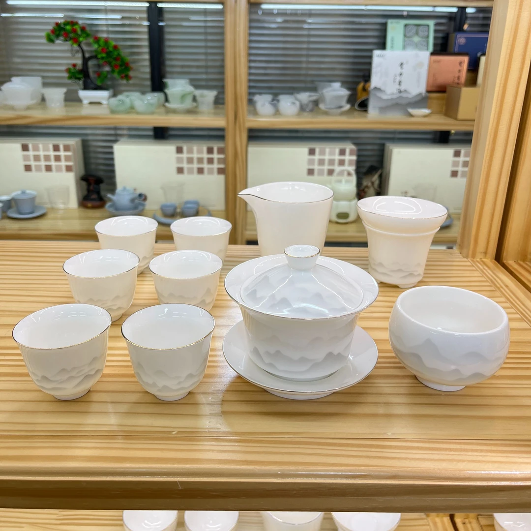 描金水墨隐山11件 羊脂玉白瓷功夫茶具套装 安全泡沫包装