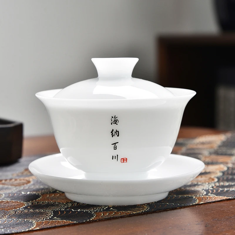 冰种玉瓷高端三才盖碗单个羊脂玉泡茶碗功夫茶具不烫手家用易清洁