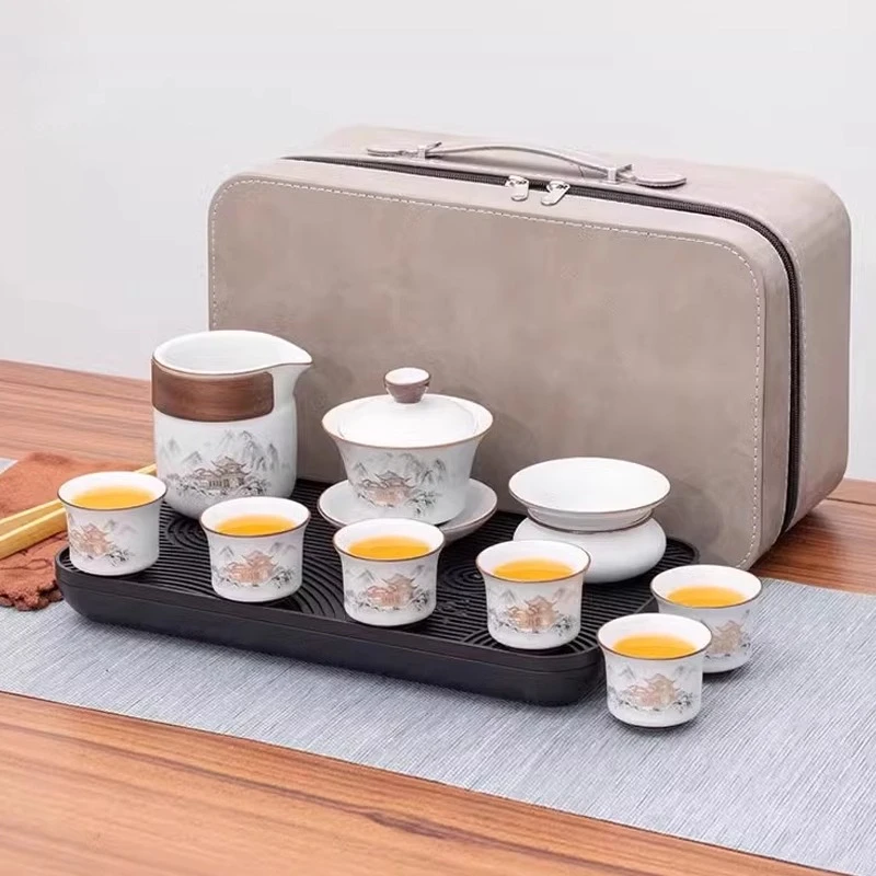 2025新款汝窑旅行功夫茶具小套装户外便携式收纳包简约茶盘茶杯壶