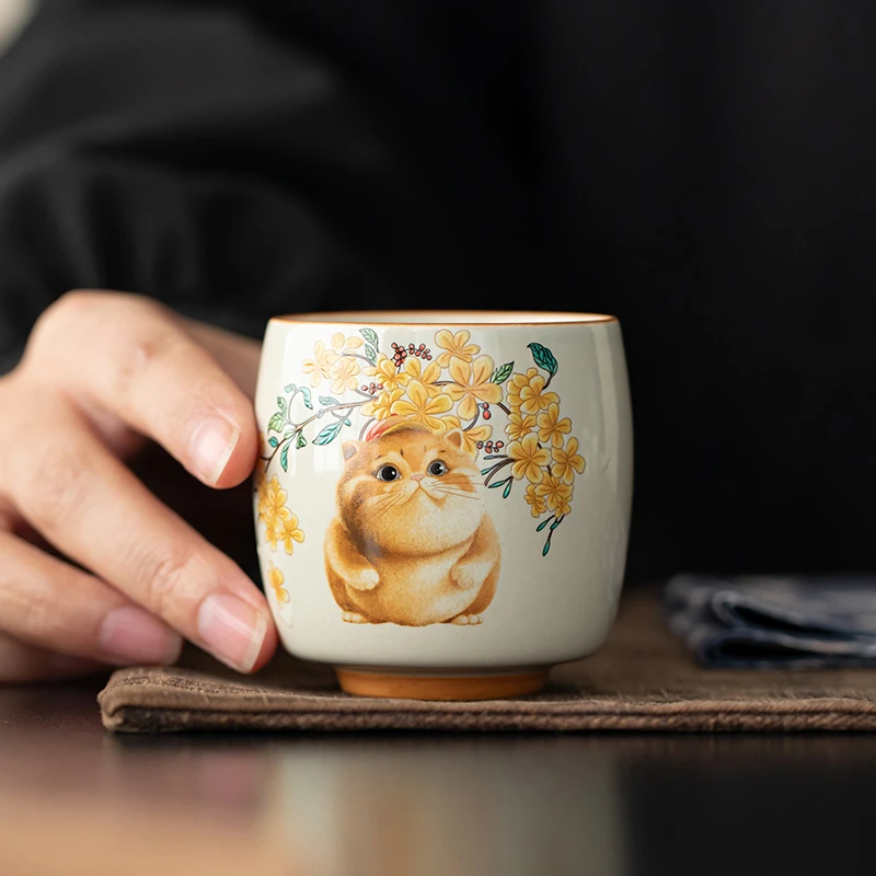 草木灰萌猫主人杯单杯陶瓷家用喝茶杯个人专用茶室待客杯品茗杯