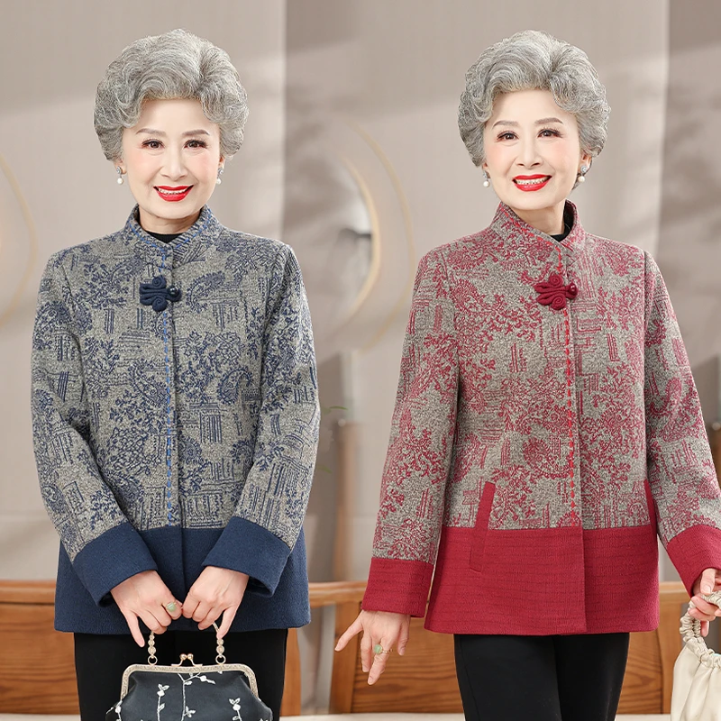 芊上6110妈妈装春秋款洋气盘扣外套中老年女装开衫奶奶装立领外套