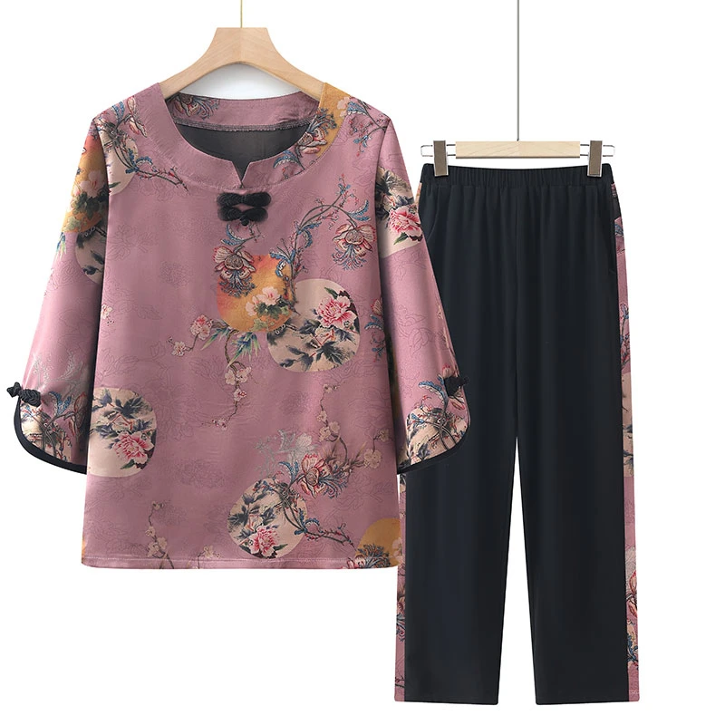 芊上2931妈妈装夏款七分袖洋气套装中老年女装新中式国风两件套