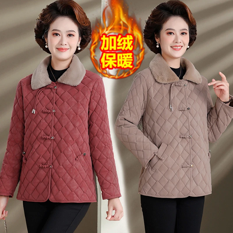 芊上6271妈妈装秋冬款加绒保暖洋气外套中老年气质开衫盘扣上衣