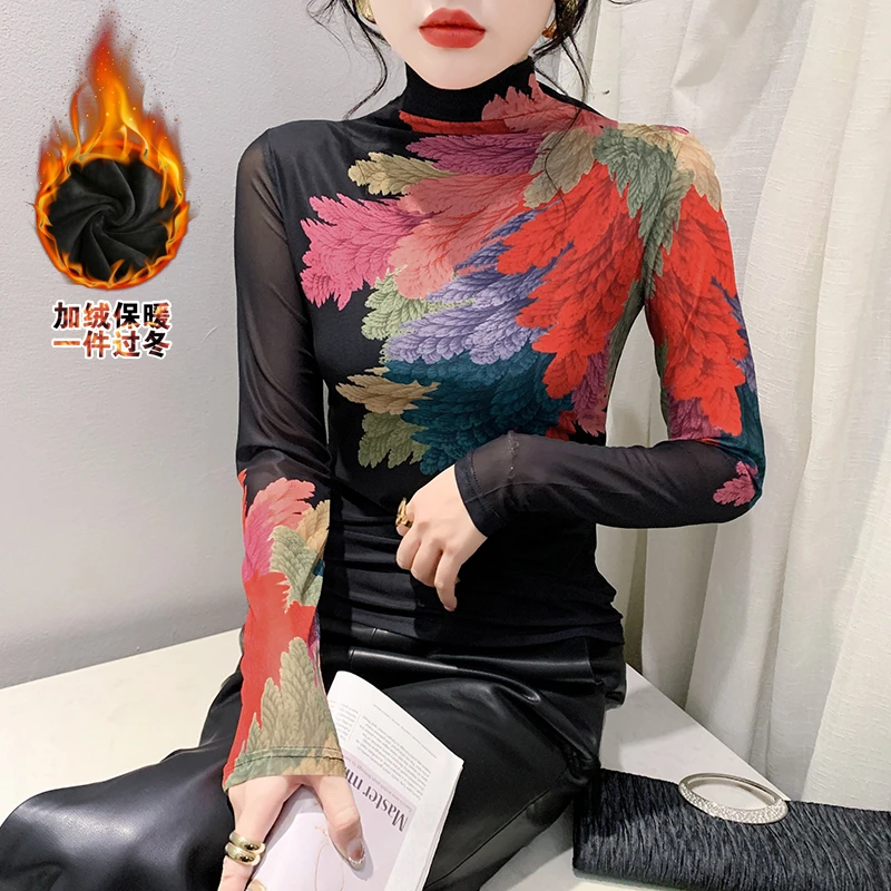 加绒加厚欧货女装2024秋冬时尚洋气长袖高领网纱t恤女定位花上衣