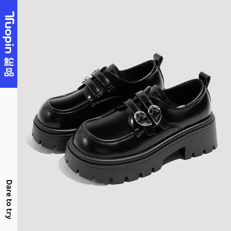 鮀品双字扣乐福鞋女春季2025新款英伦韩版百搭女鞋圆头厚底黑色