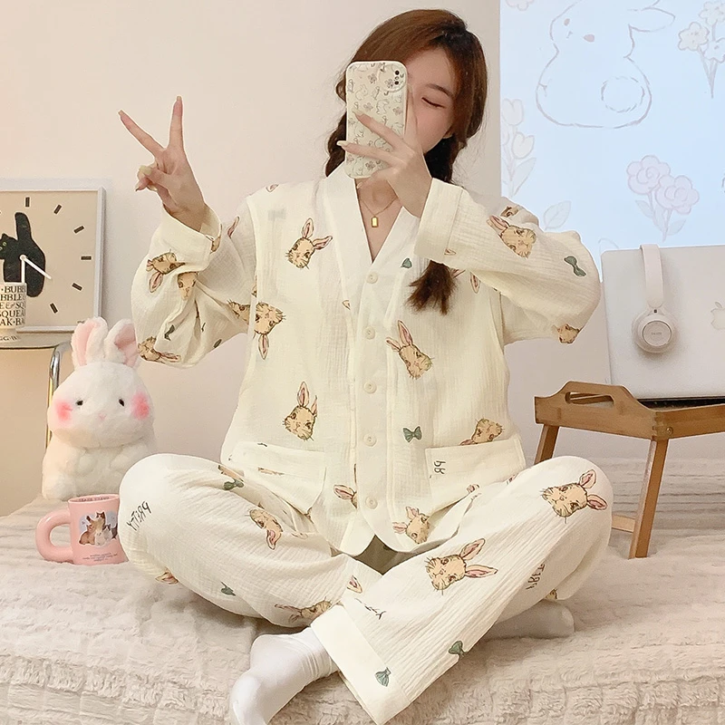 月子服纱布纯棉哺乳家居服套装孕妇睡衣喂奶吸汗透气夏薄款5-9月